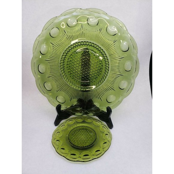 Green Indiana Glass Thumbprint Depression Glass Platter and Small Plate - Picture 2 of 8